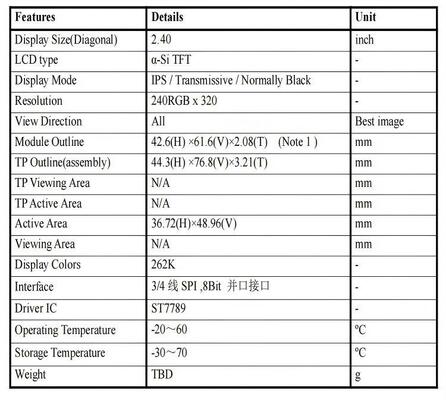 2.4" IPS TFT LCD with TP 240x320 Resolution,ST7789,ALL VIEW 3/4SPI,8080 Parallel Interface,350nit Brightness  Instrument screen