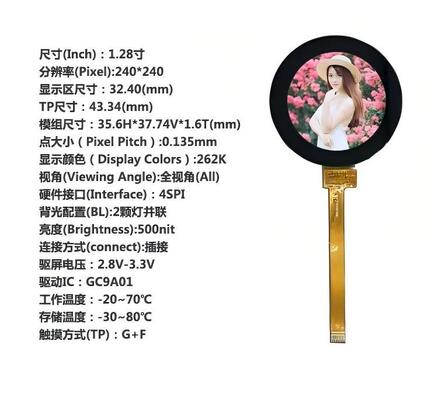 1.28 inch Round IPS TFT Color Display with 240x240 Resolution and 500nit Brightness