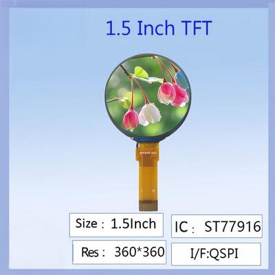 1.5 pulgadas de color redondo TFT pantalla LCD 360x360 Resolución ST77916 controlador IC de alta definición ángulo de visión ancho para smart wearables / proyectos electrónicos DIY / paneles de instrumentos industriales