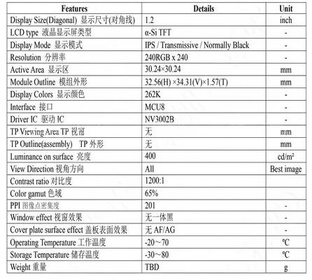 1.2"Round IPS TFT 240*240 Resolution,ALL VIEW MCU8 Interface Driver IC NV3002B 400nit Brightness smartwatch home appliances